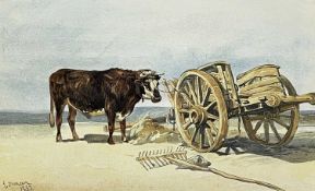 EDWARD DUNCAN watercolour - farm cart and bull, signed and dated 1852Dimensions: 20 x 32.
