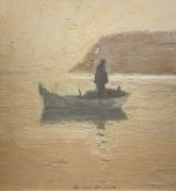 ‡ GORDON STUART oil on board - standing figure in rowing boat, entitled verso 'Llansteffan',