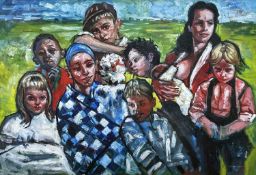 ‡ ANDREW VICARI oil on board - entitled verso 'Harlequin & Gipsy Children' (sic), signed