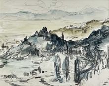 ‡ SIR KYFFIN WILLIAMS RA pencil and watercolour - Continental landscape with poplar trees, hills,