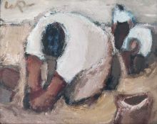 ‡ WILL ROBERTS oil on board - three figures working, entitled verso 'Potato Peel', signed with