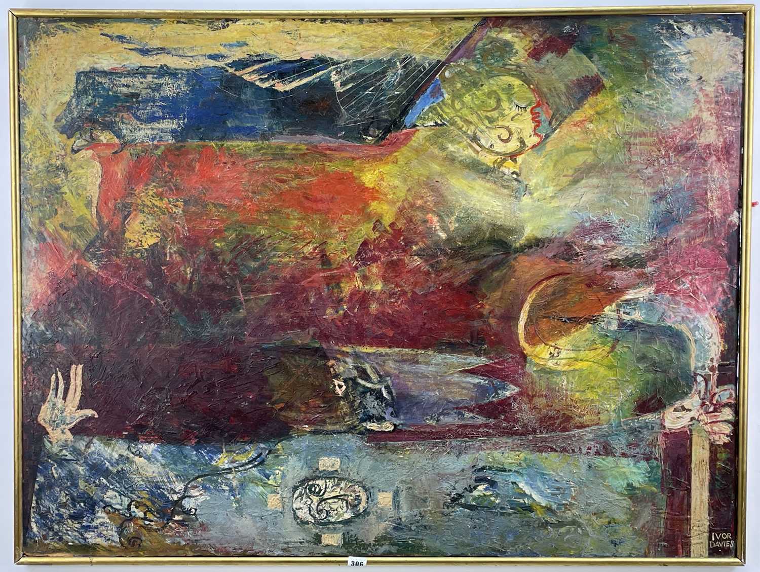 ‡ IVOR DAVIES oil on board - semi-abstract mythological landscape, signedDimensions: 92 x 122cms - Image 2 of 2