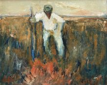 ‡ WILL ROBERTS oil on canvas - single figure entitled 'Burning Stubble', signed with initials and