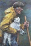 ‡ KEITH BOWEN pastel - shepherd protecting lamb from storm, signed and dated 1991Dimensions: 79 x