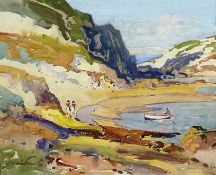 ‡ WILL EVANS watercolour - figures, fishing boat, beach and cliffs, possibly Fall Bay, near