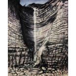 ‡ JOHN PETTS mixed media - waterfall over limestone cliffs, signed and dated 1957 Dimensions: 62 x