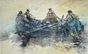 ‡ WILLIAM SELWYN mixed media - four fishermen manouvering rowing boat on the shore,