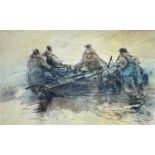 ‡ WILLIAM SELWYN mixed media - four fishermen manouvering rowing boat on the shore,