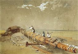 EDWARD DUNCAN watercolour and heightening - shipwreckers working on a mast (Rhossili), signed and