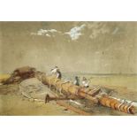 EDWARD DUNCAN watercolour and heightening - shipwreckers working on a mast (Rhossili), signed and