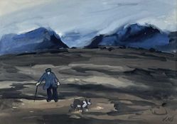 ‡ SIR KYFFIN WILLIAMS RA mixed media - standing farmer and sheepdog in mountain landscape,