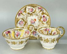 NANTGARW PORCELAIN TRIO circa 1814-1823, comprising teacup, coffee cup and saucer, having elevated