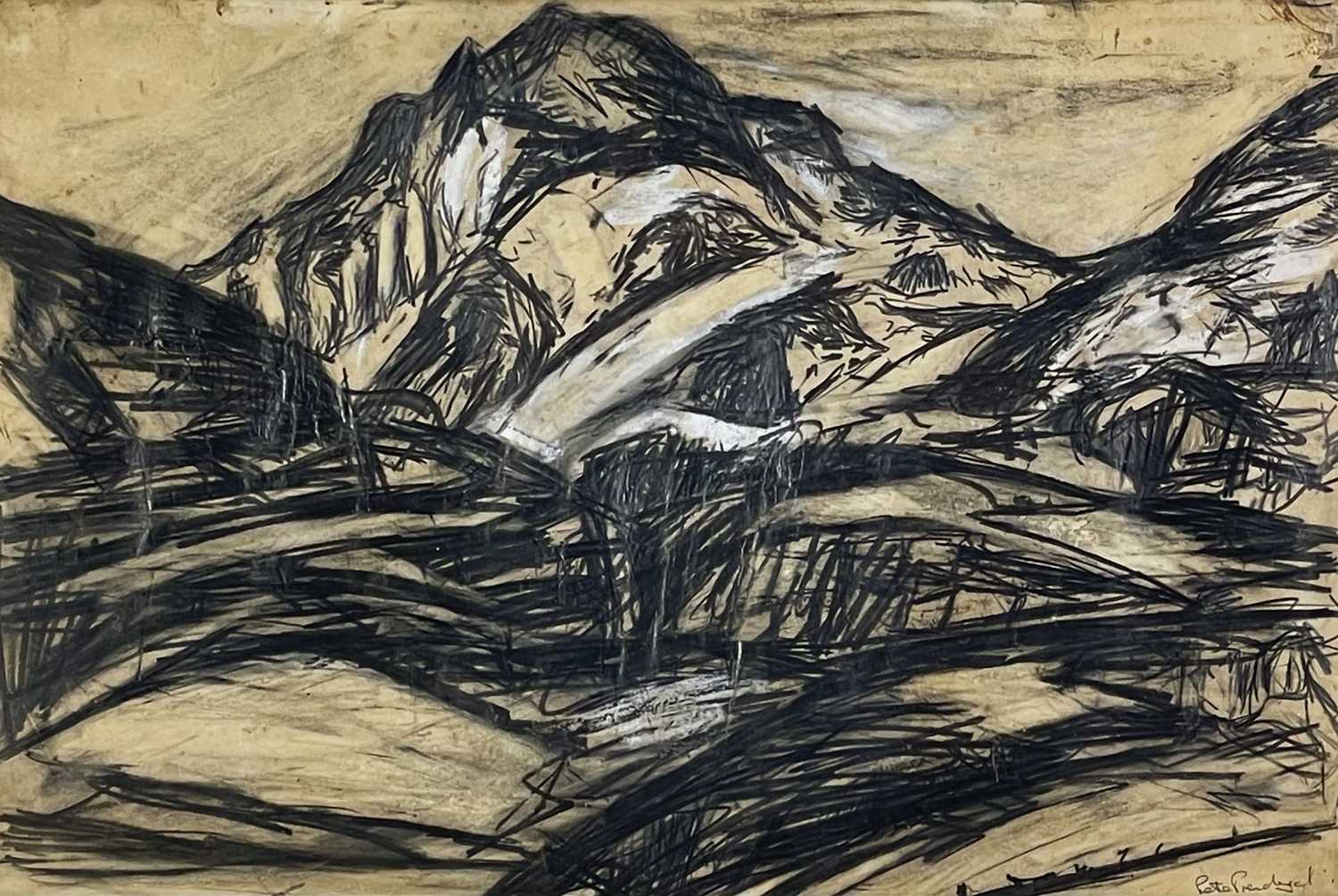 ‡ PETER PRENDERGAST pencil and conte chalk on paper - entitled 'Tryfan from the Old Road, Nant