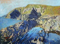 ‡ MEIRION JONES acrylic on board - coastal scene, entitled verso 'Ceibwr II', signed, dated verso