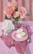 ‡ BRYN RICHARDS oil on canvas - still-life of flowers in a vase, apples and wall-sconce,