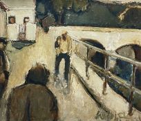 ‡ WILL ROBERTS oil on board - two figures walking alongside a river with bridge, signed with