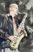 ALAN WILLIAMS acrylic on paper - portrait of saxophonist Michael Brecker, entitled verso 'Brecker at