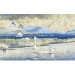 ‡ CHARLES FREDERICK TUNNICLIFFE OBE RA watercolour - swans landing at inlet, Malltraeth, Ynys Mon,