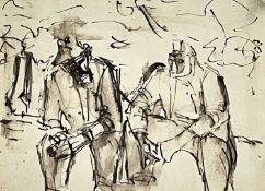 ‡ JOSEF HERMAN OBE RA ink and wash - entitled verso on Tib Lane Gallery label 'Two Miners Seated',