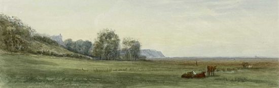 JAMES HARRIS JR watercolour - cattle grazing on Llanrhydian Marsh, signedDimensions: 16.5 x 50.