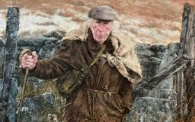 ‡ KEITH BOWEN large oil on canvas - portrait of a standing shepherd beside dry-stone wall,