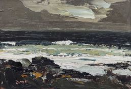 ‡ DONALD McINTYRE oil - coastal scene with waves and dark sky, signed with initialsDimensions: 24