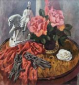 BRYN RICHARDS oil on board - still-life of roses, gloves and pottery figurine, signedDimensions: