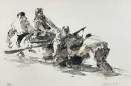 ‡ WILLIAM SELWYN limited edition (72/500) colour print - four fishermen manouvering rowing boat on