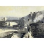 ‡ WILLIAM SELWYN watercolour - Conwy with roadbridge, castle and smoking chimneys, entitled verso '