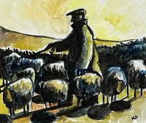 ‡ KARL DAVIES watercolour - shepherd and flock, signed with initials, dated verso 2008Dimensions: 25