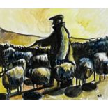 ‡ KARL DAVIES watercolour - shepherd and flock, signed with initials, dated verso 2008Dimensions: 25