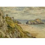 MARIA GASTINEAU watercolour - Tenby with St Catherine's Rock and beach, signed, circa