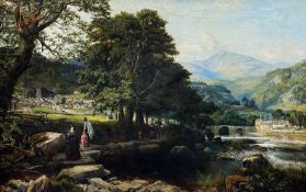 EDWIN ALBERT PETTITT large museum quality oil on canvas - wedding guests departing Welsh village