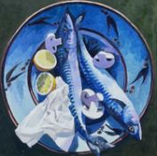 BRYN RICHARDS oil on canvas - still-life of trout, lemon slices and mushrooms, from the artist's '