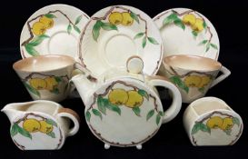 RARE CLARICE CLIFF 'LEMONS' BREAKFAST SERVICE, c. 1937, in Bonjour shape with open triangular handes