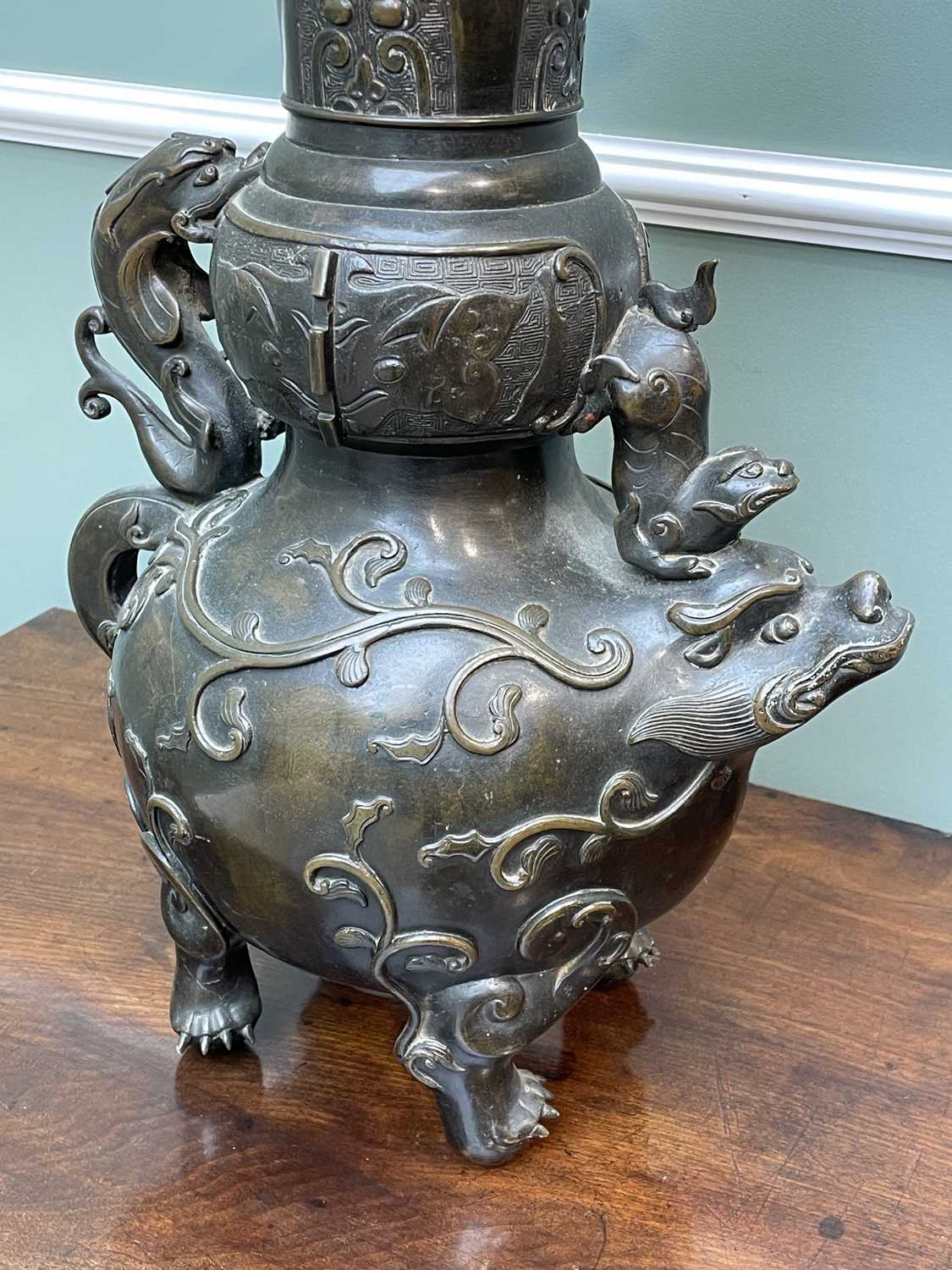 CHINESE MYTICAL BEAST (LUDUAN) BRONZE TEMPLE CENSER, Qing Dynasty - modelled as the mythical beast - Image 2 of 7