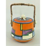 CLARICE CLIFF 'FOOTBALL' PATTERN BISCUIT BARREL & COVER, SHAPE 336, with wicker handleDimensions: