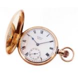 15CT ROSE GOLD WALTHAM HUNTER POCKET WATCH, Birmingham 1910, white enamel roman dial with subsidiary