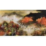 KUKU CHAI BUKUK (Chinese, born c. 1973) ink & watercolour - Flying Cranes in Sunny Autumn, 2004,