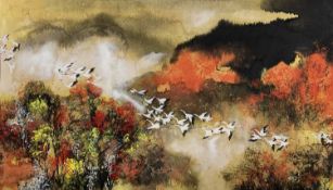 KUKU CHAI BUKUK (Chinese, born c. 1973) ink & watercolour - Flying Cranes in Sunny Autumn, 2004,