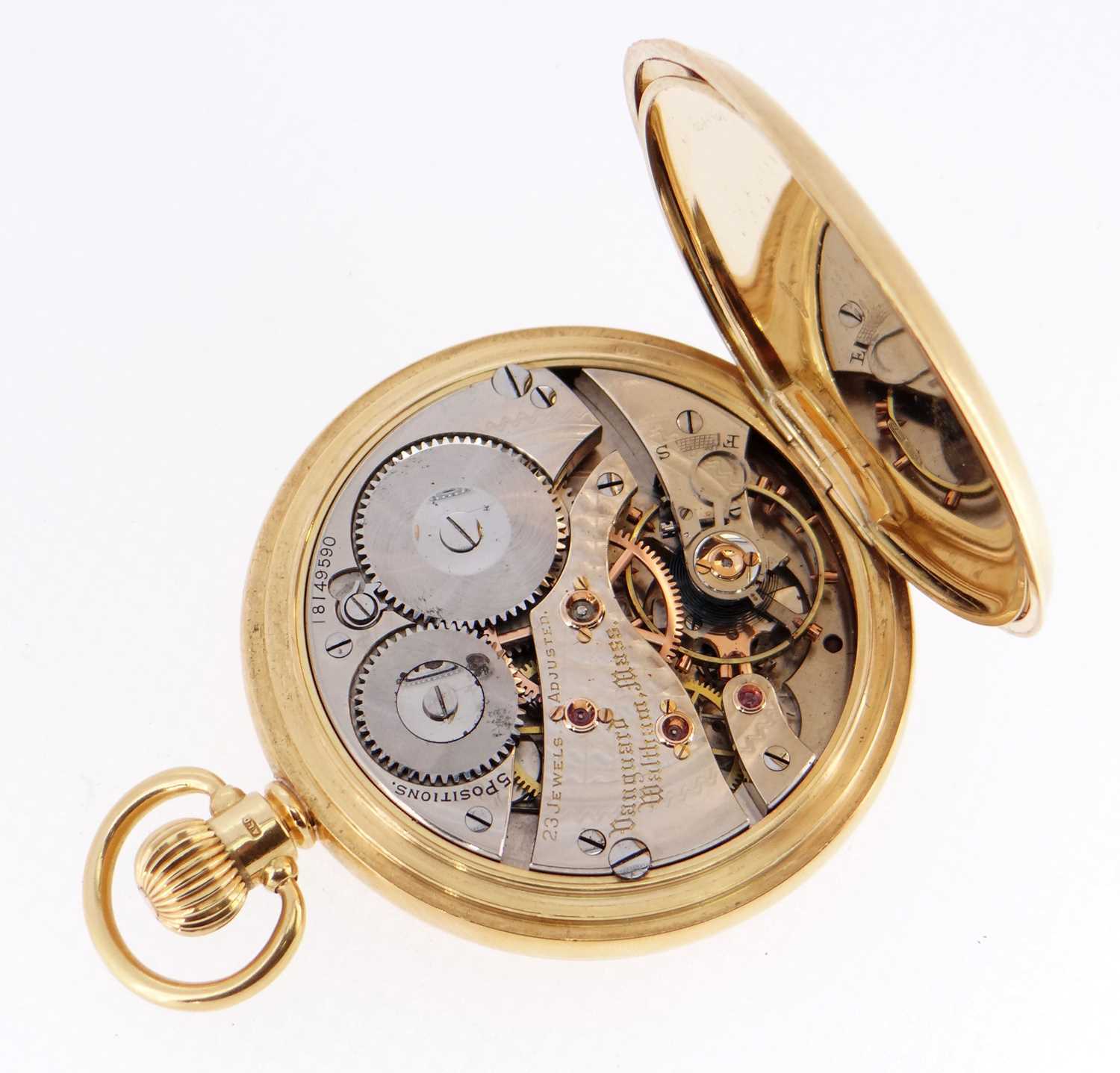 18CT YELLOW GOLD WALTHAM HUNTER POCKET WATCH, Birmingham 1917, white enamel roman dial with - Image 2 of 7