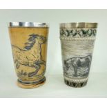 TWO DOULTON LAMBETH STONEWARE BEAKERS BY HANNAH BARLOW, comprising a cylindrical tapering beaker