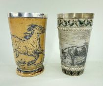 TWO DOULTON LAMBETH STONEWARE BEAKERS BY HANNAH BARLOW, comprising a cylindrical tapering beaker