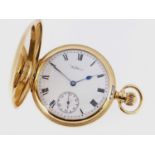 18CT YELLOW GOLD WALTHAM HUNTER POCKET WATCH, Birmingham 1917, white enamel roman dial with