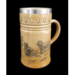 ROYAL DOULTON STONEWARE TANKARD BY HANNAH BARLOW, incised with five cats in various poses, the