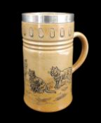 ROYAL DOULTON STONEWARE TANKARD BY HANNAH BARLOW, incised with five cats in various poses, the