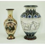 TWO VICTORIAN DOULTON LAMBETH STONEWARE VASES, comprising a Florence Barlow vase decorated with a