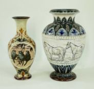 TWO VICTORIAN DOULTON LAMBETH STONEWARE VASES, comprising a Florence Barlow vase decorated with a