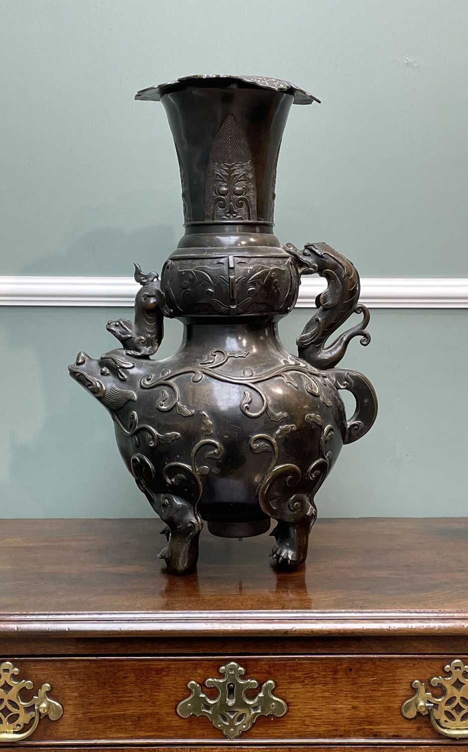 CHINESE MYTICAL BEAST (LUDUAN) BRONZE TEMPLE CENSER, Qing Dynasty - modelled as the mythical beast