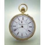 18CT GOLD J. HARGREAVES & CO. LIVERPOOL CHRONOGRAPH POCKET WATCH, Chester 1896, the signed white